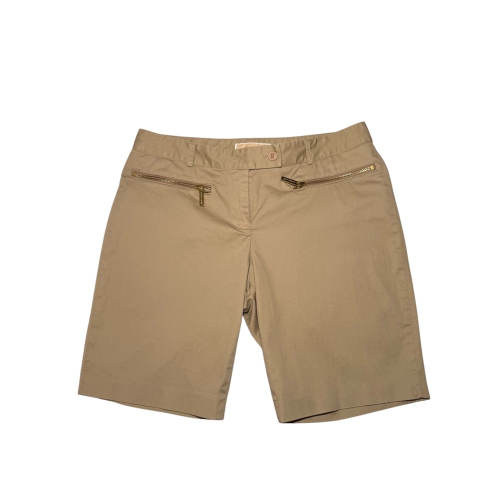 Michael Kors Khaki Chino Shorts Tan Gold Zipper Detail Size 8 Womens